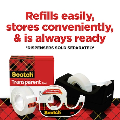 Scotch Transparent Clear Tape Refill, 0.5" x 36 yds., 1" Core, Clear, 2 Rolls/Pack (600H2)