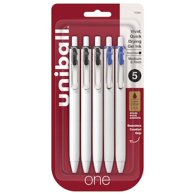 uni-ball one Retractable Gel Pens, Medium Point, 0.7mm, Black/Blue Ink, 5/Pack (70380)