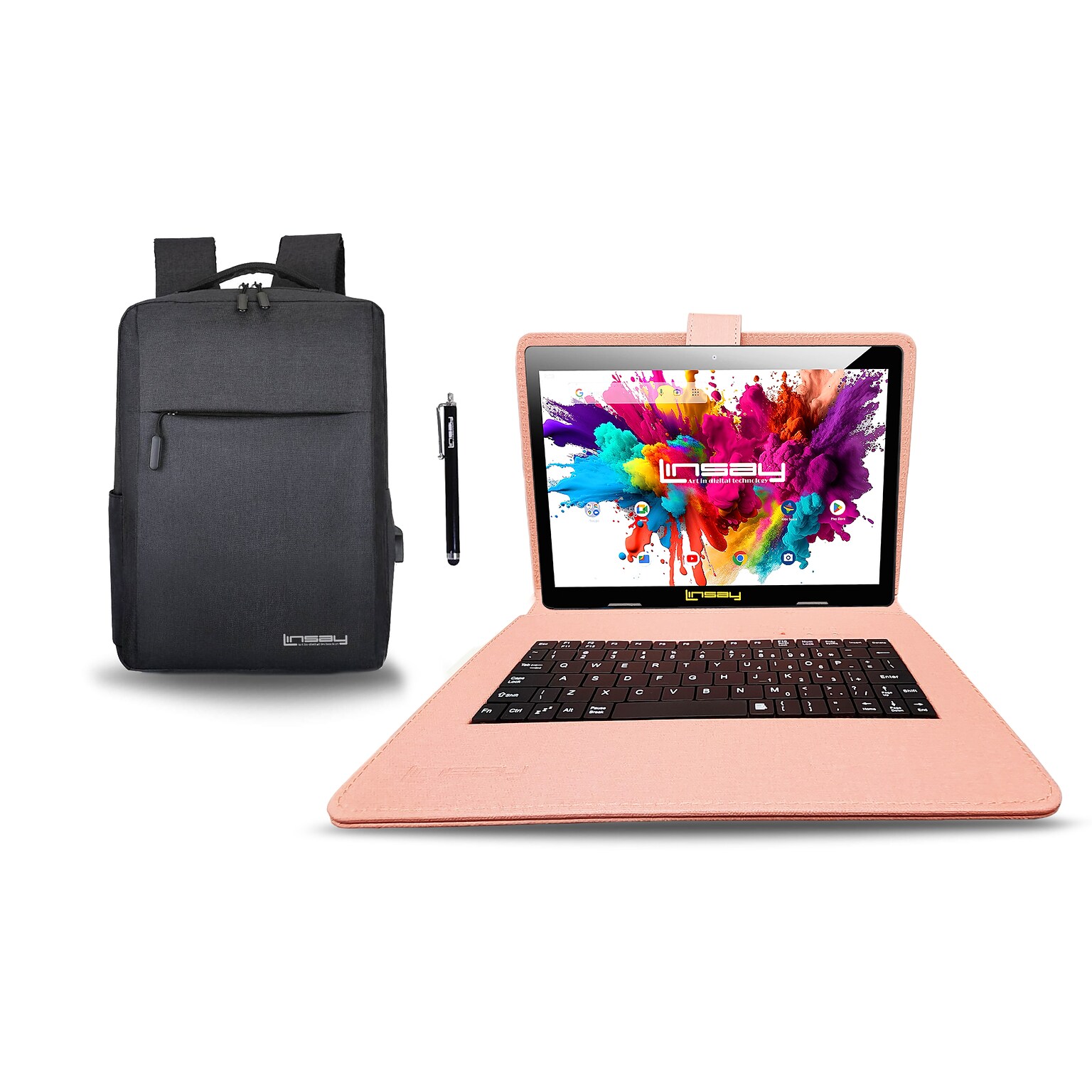 LINSAY 10.1 OCTA CORE Android 13 Tablet Bundle with Keyboard Case Backpack and Pen, 128GB (F10XIPGCLOPEABA)