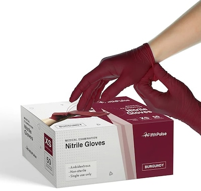 FifthPulse Powder Free Nitrile Gloves, Latex Free, Medium, Burgundy, 100/Box (FMN100215)