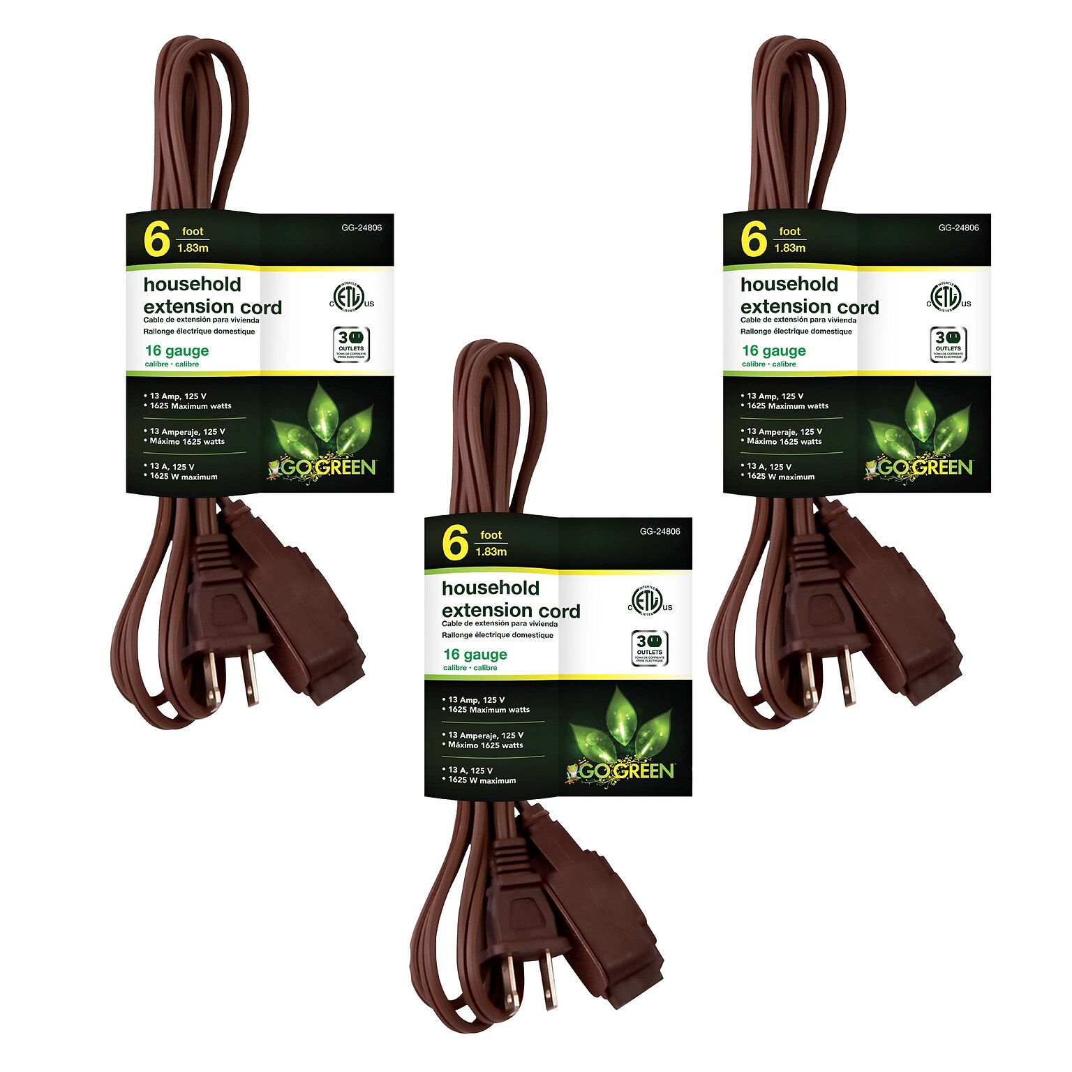 GoGreen Power 6 Extension Cord, 3-Outlet, 16 AWG, Brown (GG-24806-10)