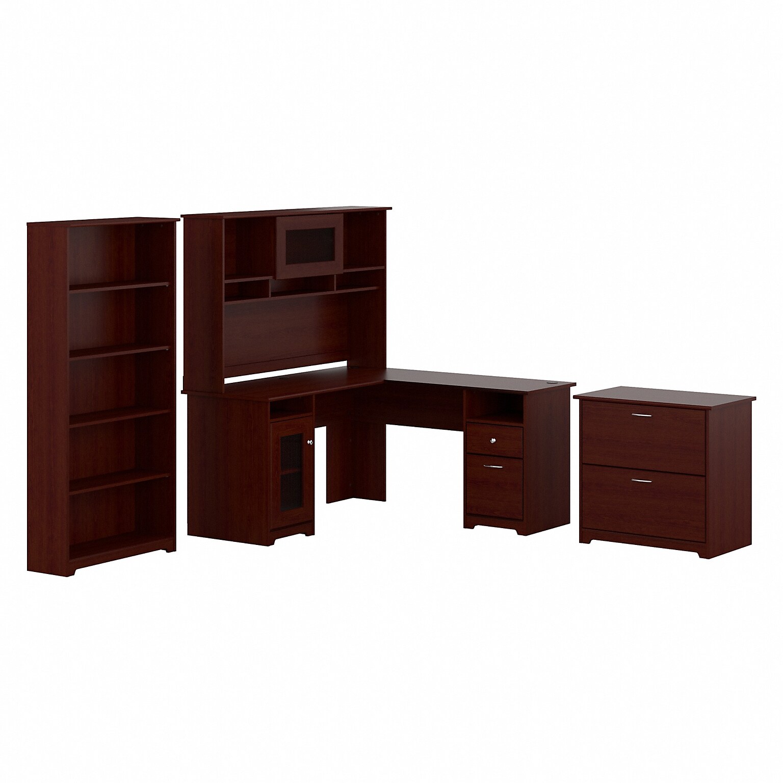 Bush Furniture Cabot 60W L Shaped Computer Desk with Hutch, File Cabinet and Bookcase, Harvest Cherry (CAB010HVC)