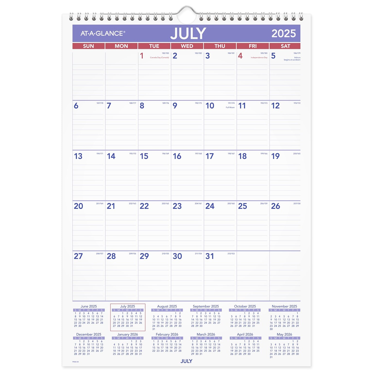 2025-2026 AT-A-GLANCE 12 x 17 Academic Monthly Wall Calendar, Purple/Red (PMA2-28-26)