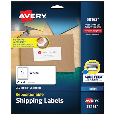 Avery Repositionable Inkjet Shipping Labels, 2 x 4, White, 10 Labels/Sheet, 25 Sheets/Box (58163)