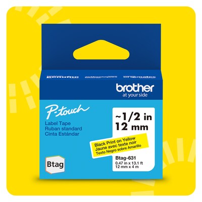 Brother P-touch Btag BTAG631 Label Tape, 1/2 x 13.1 (12mm x 4m), Black on Yellow (BTAG631)