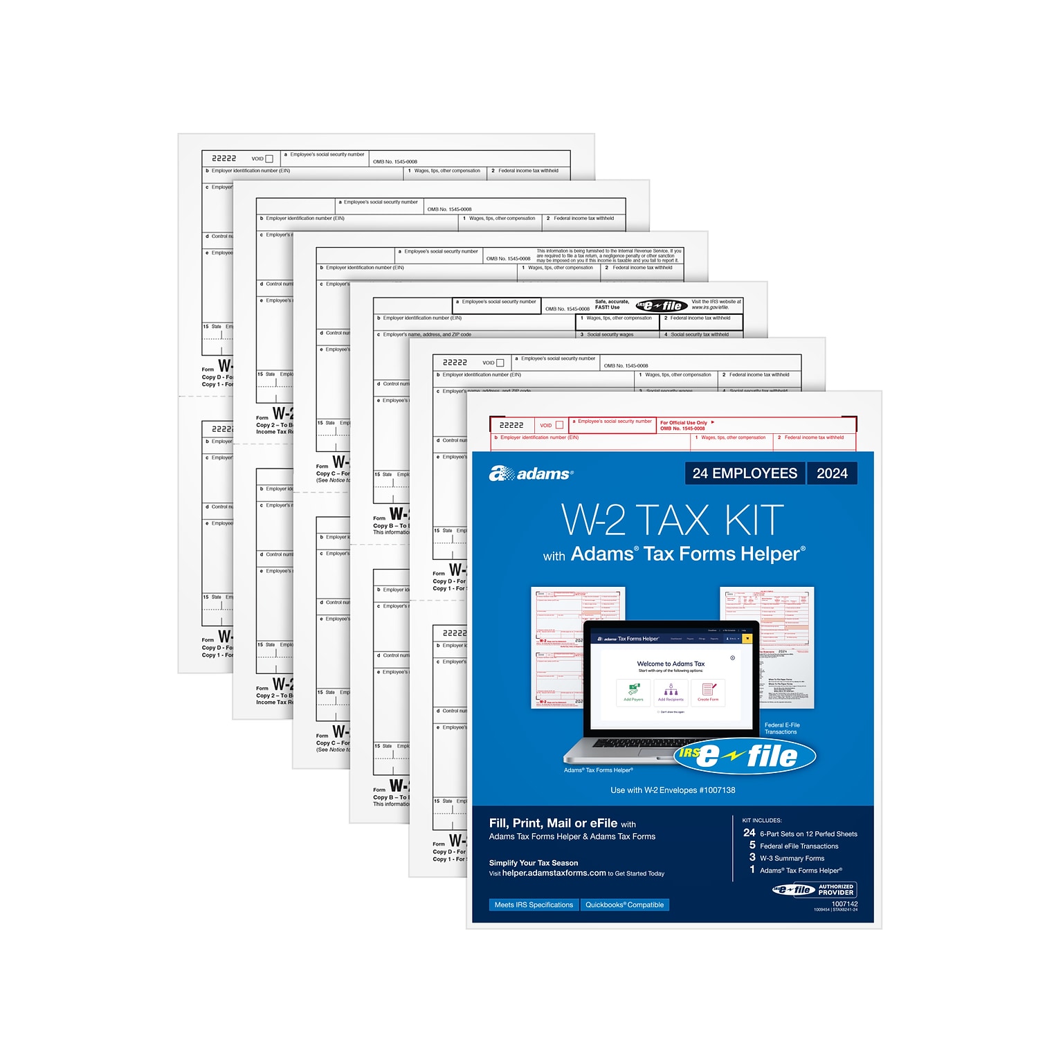 Adams 2024 W-2 Tax Form with W-3 Forms, e-files, and Access to Tax Forms Helper, 6-Part, 2-Up, Copy A, 1, B, C, 2, D, 24/Pack