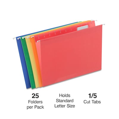 Staples Reinforced Hanging File Folders, 1/5-Cut Tab, Letter Size, Assorted Colors, 25/Box (ST18654-