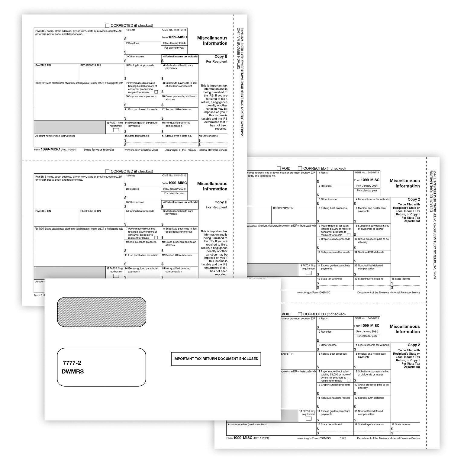 ComplyRight 2024 1099-MISC Tax Form Envelopes and Recipient Copy Only, 3-Part, 2-Up, Copy B, C/2, 25/Pack (6113E25)