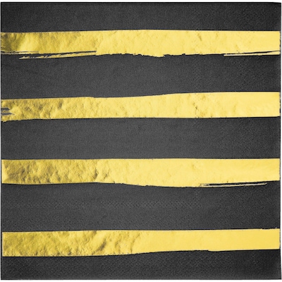 Creative Converting Black and Gold Foil Striped Paper Napkins, 192/Pack (329934)