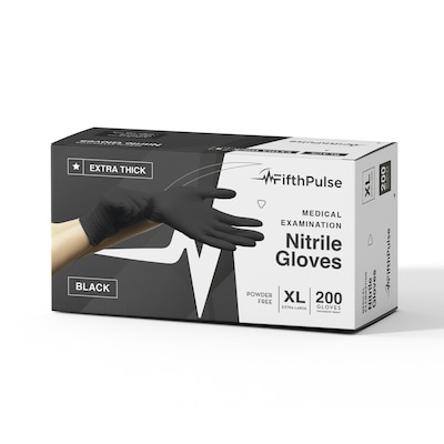 Fifth Pulse Thicker Nitrile Exam Latex Free & Powder Free Gloves, XL,Black, 50 Gloves/Box (FMN100452