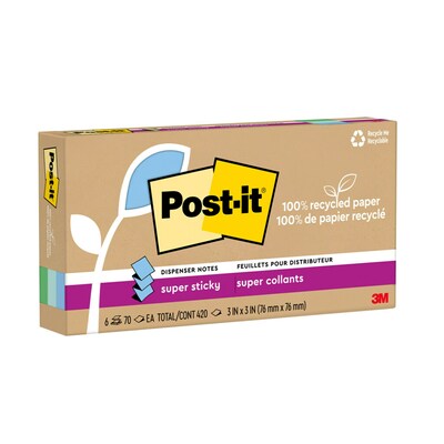 Post-it Recycled Super Sticky Pop-up Notes, 3 x 3, Oasis Collection, 70 Sheet/Pad, 6 Pads/Pack (R3