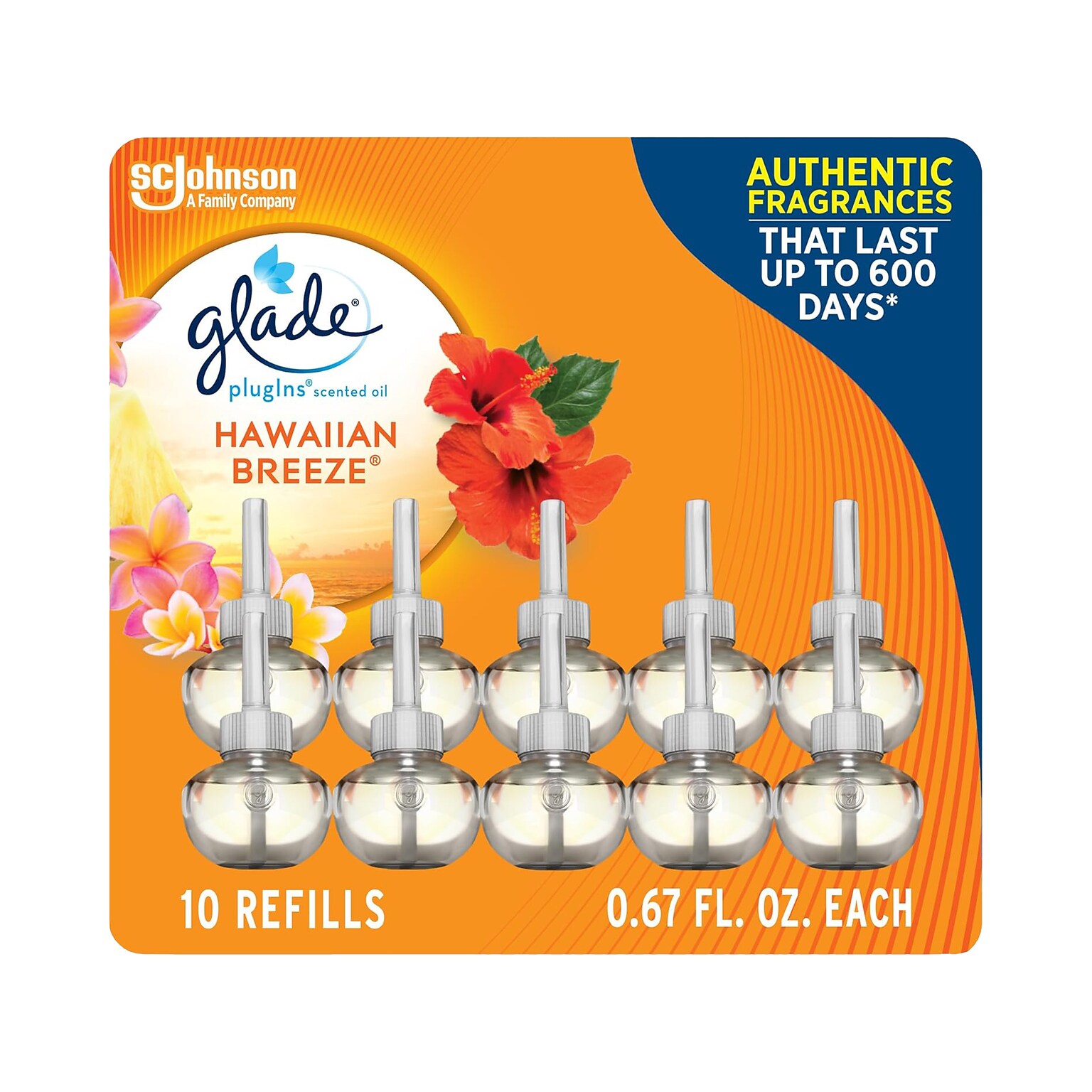 Glade PlugIns Scented Oil Air Freshener Refill, Hawaiian Breeze, 0.67 Fl. Oz., 10/Pack (353728)