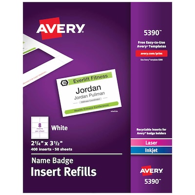 Avery Printable Laser/Inkjet Name Badge Insert Refills, 2 1/4 x 3 1/2, White, 400 Inserts Per Box