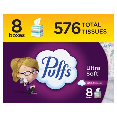 Puffs Ultra Soft Facial Tissue, 72 Tissues/Box, 8 Boxes/Pack (61971)