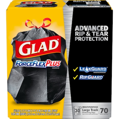 Glad ForceFlexPlus 30 Gallon Trash Bag, 5.31" x 10.06", Low Density, 0.90 mil, Black, 70/Box (70358)