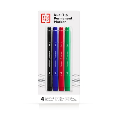 TRU RED™ Pen Permanent Markers, Twin Tip, Assorted, 4/Pack (TR57828)