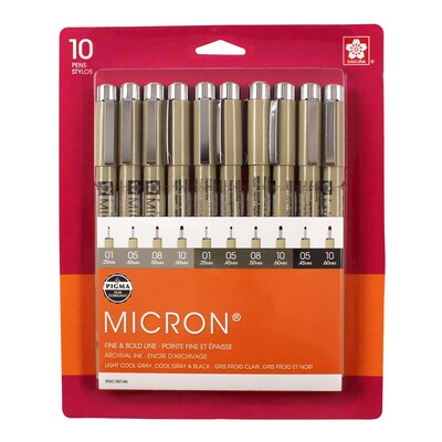 Sakura Pigma Micron Pens, Black & Gray, 10/Set (SAK50146)