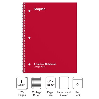 Staples 1-Subject Notebooks, 8 x 10.5, College Ruled, 70 Sheets, Assorted Colors, 6/Pack (TR58376)