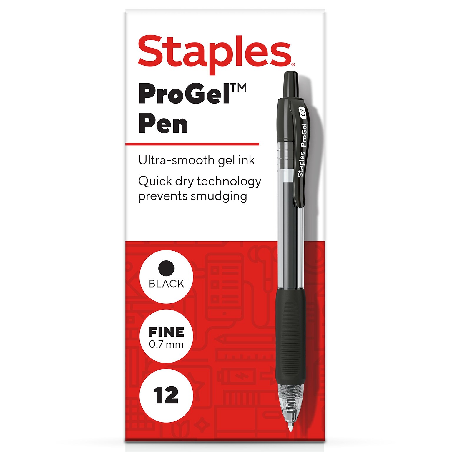 Staples ProGel™ Retractable Gel Pen, Fine Point, 0.7mm, Black Ink, Dozen (ST62095)