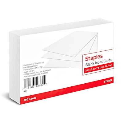 Staples 3 x 5 Index Cards, Blank, White, 100/Pack (TR51008)