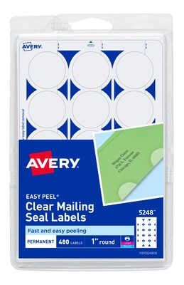 Avery Laser/Inkjet Mailing Seals, 1 Diameter, Glossy Clear, 15 Seals/Sheet, 32 Sheets/Pack, 480 Sea