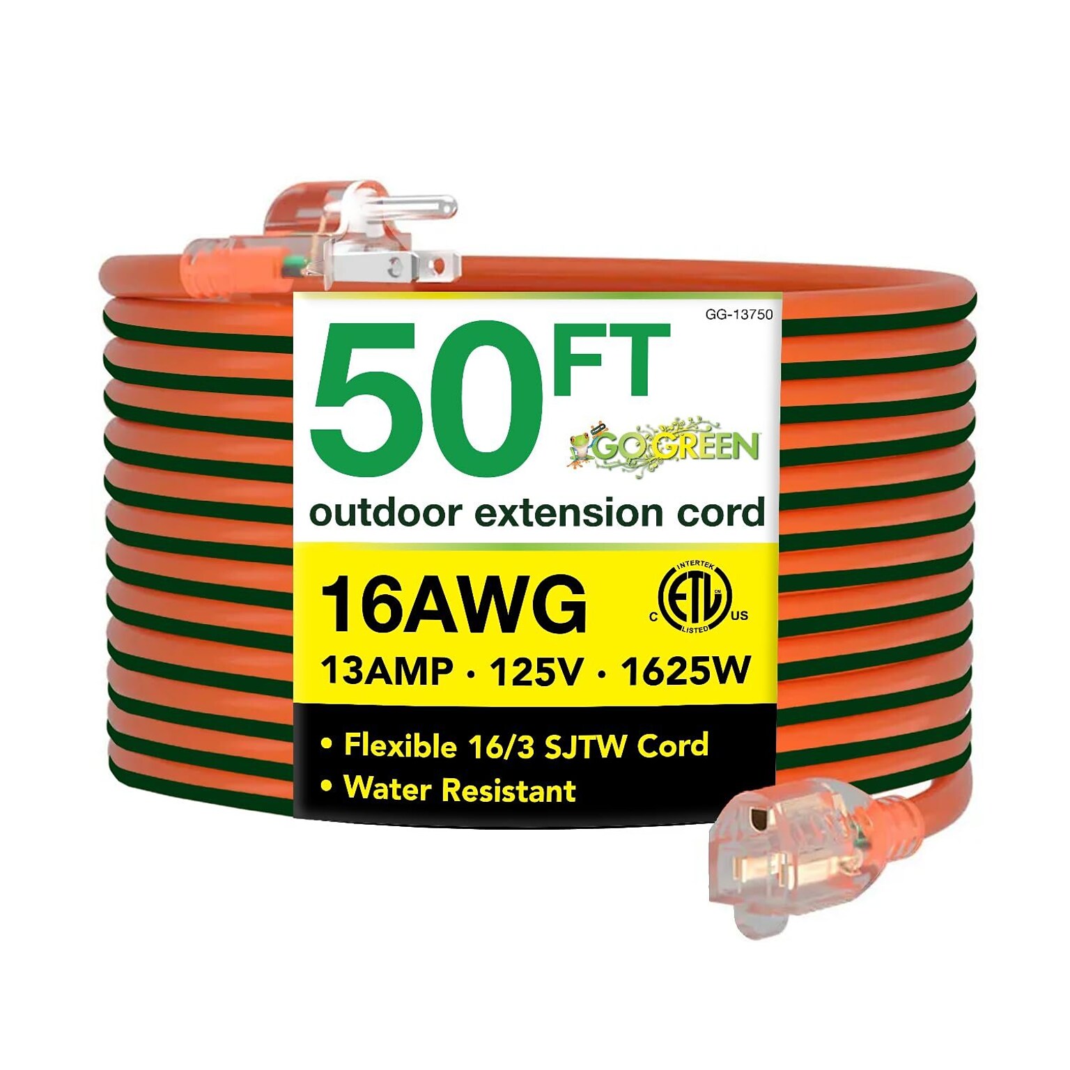 GoGreen Power 50 Indoor/Outdoor Extension Cord, 16 AWG, Orange (GG-13750)