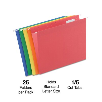 Quill Brand® Reinforced 5-Tab Box Bottom Hanging File Folders, 2" Expansion, Letter Size, Assorted, 25/Box (730053AD)