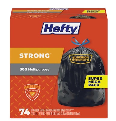 Hefty 30 Gallon Trash Bag, 30 x 33, Low Density, 1.1 mil, Black, 222 Bags/Box (PCTE85274CT)