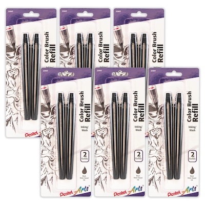 Pentel Arts Color Brush Water-Based Ink Refills, Black Ink, 2/Pack, 6 Packs/Bundle (PTAFR101BP2A-6)