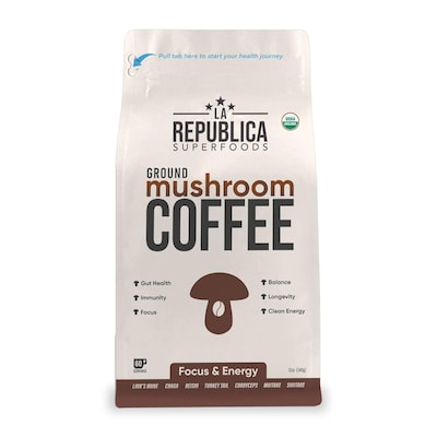 La Republica Organic Ground Superfood Mushroom Coffee, Fair Trade Arabica Coffee, Medium Roast, 60 S