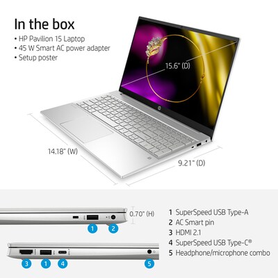 HP Pavilion 15.6" Laptop, Intel i7-1255U, 12GB 512GB SSD, 11 (68R51UA#ABA) | Quill.com