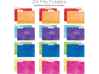 Global Printed Products Deluxe Designer Watercolor Solid Hanging File Folder Kit, 1/3-Cut Tab, Letter Size, Assorted Colors