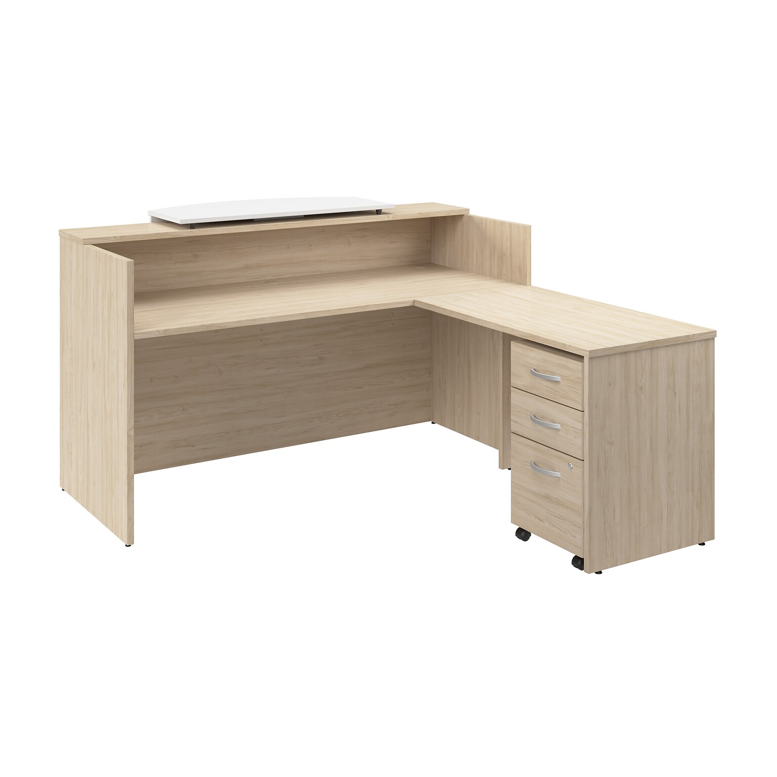 Bush Business Furniture Arrive 72W L Shaped Reception Desk with Counter and Mobile File Cabinet, Natural Elm (ARV010NE)