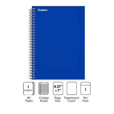 Staples Premium 1-Subject Notebook, 4.38" x 7", College Ruled, 80 Sheets, Blue (ST58348)