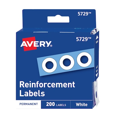 Avery Self-Adhesive Plastic Reinforcement Labels in Dispenser, 1/4 Diameter, Matte White, 200/Pack