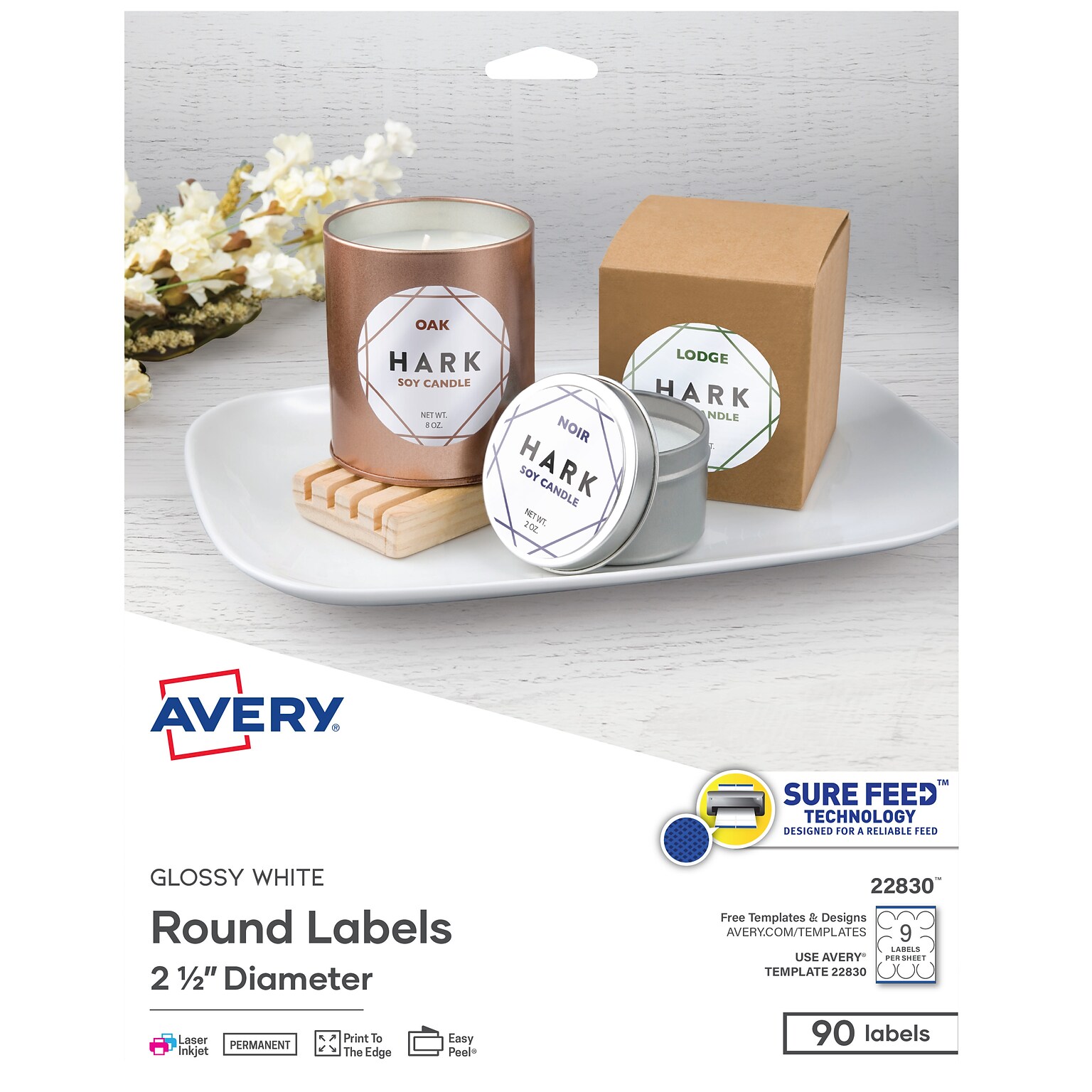 Avery Print-to-the-Edge Laser/Inkjet Labels, 2 1/2 Diameter, White, 9 Labels/Sheet, 10 Sheets/Pack, 90 Labels/Pack (22830)