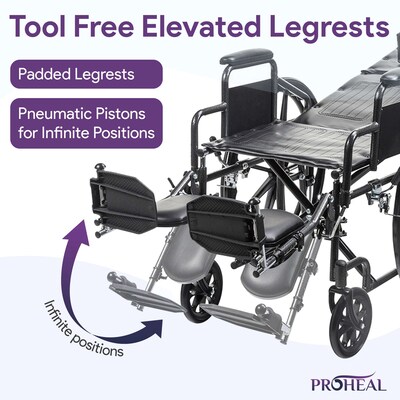 ProHeal Chariot Reclining 18" Wheelchair, Headrest Support w/ Removable Desk Arms, 300 lb. Capacity, Black (PH-WCRC18DAELR)