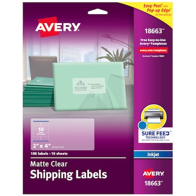 Avery Easy Peel Inkjet Shipping Labels, 2 x 4, Clear, 10 Labels/Sheet, 10 Sheets/Pack (18663)