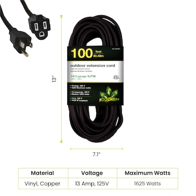 GoGreen Power 100 Indoor/Outdoor Extension Cord, 14 AWG, Black (GG-13800BK)