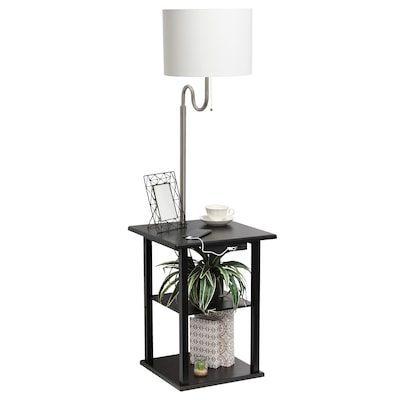 Simple Designs 57" Modern 2 Tier End Table Floor Lamp Combination with White Drum Fabric Shade, Black (LF2016-BLK)