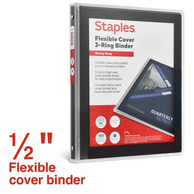 Staples Heavy Duty 1/2 3-Ring Flexible Poly Binders, Black (ST62606)