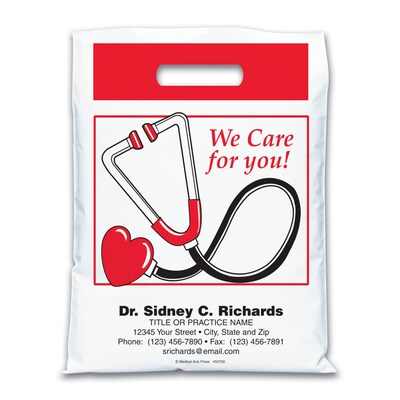 Medical Arts Press® Medical Personalized 2-Color Bags; 7-1/2x9, We Care for You/Heart Stethoscope,