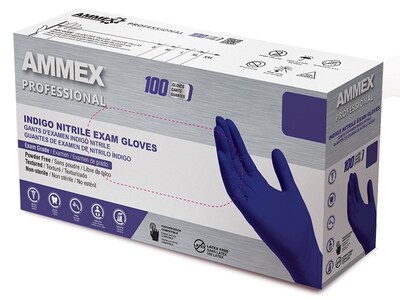 Ammex Professional Series Powder Free Nitrile Exam Gloves, Latex Free, Medium, Indigo, 100/Box, 10/C