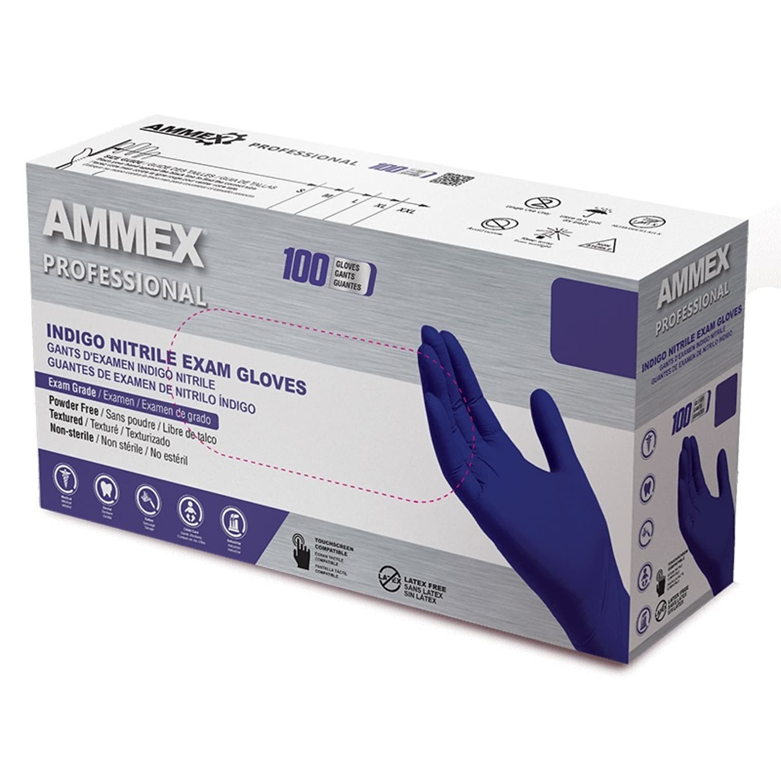 Ammex Professional Series Powder Free Nitrile Exam Gloves, Latex Free, Medium, Indigo, 100/Box (AINPF44100)