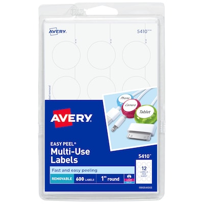 Avery Easy Peel Laser/Inkjet Multipurpose Labels, 1 Dia., White, 12 Labels/Sheet, 50 Sheets/Pack (5
