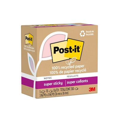 Post-it Recycled Super Sticky Notes, 3 x 3, Wanderlust Pastels Collection, 70 Sheet/Pad, 5 Pads/Pa