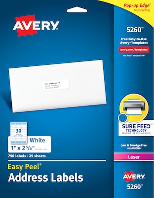 Avery Easy Peel Laser Address Labels, 1 x 2-5/8, White, 30 Labels/Sheet, 25 Sheets/Pack   (5260)