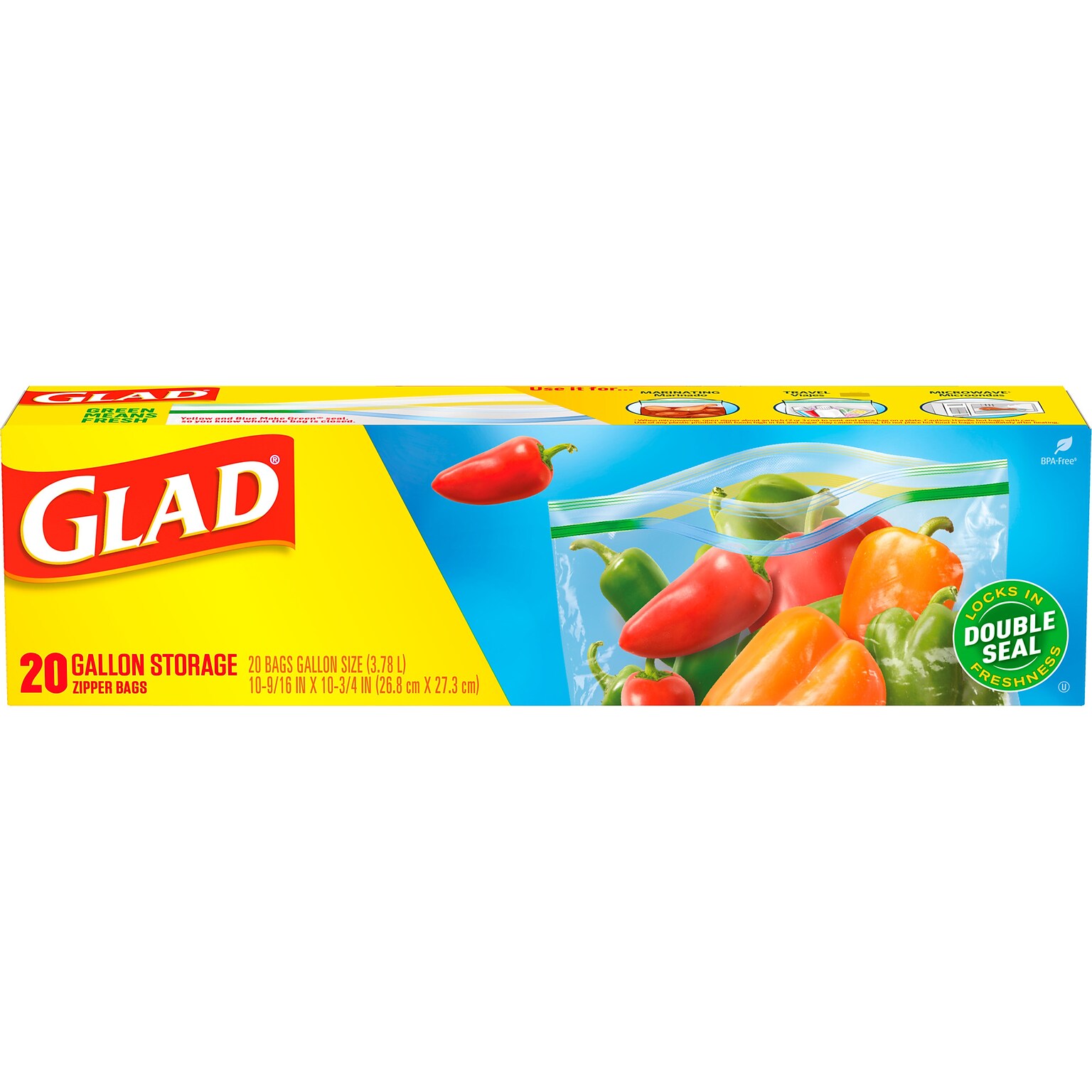 Glad Zipper Storage Bags, Gallon, 20 Bags/Box, 12 Boxes/Carton (55050)