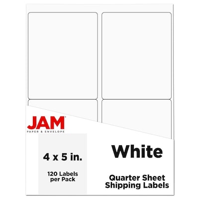 JAM Paper Laser/Inkjet Shipping Labels, 5 x 4, White, 4 Labels/Sheet, 30 Sheets/Pack (4062903)