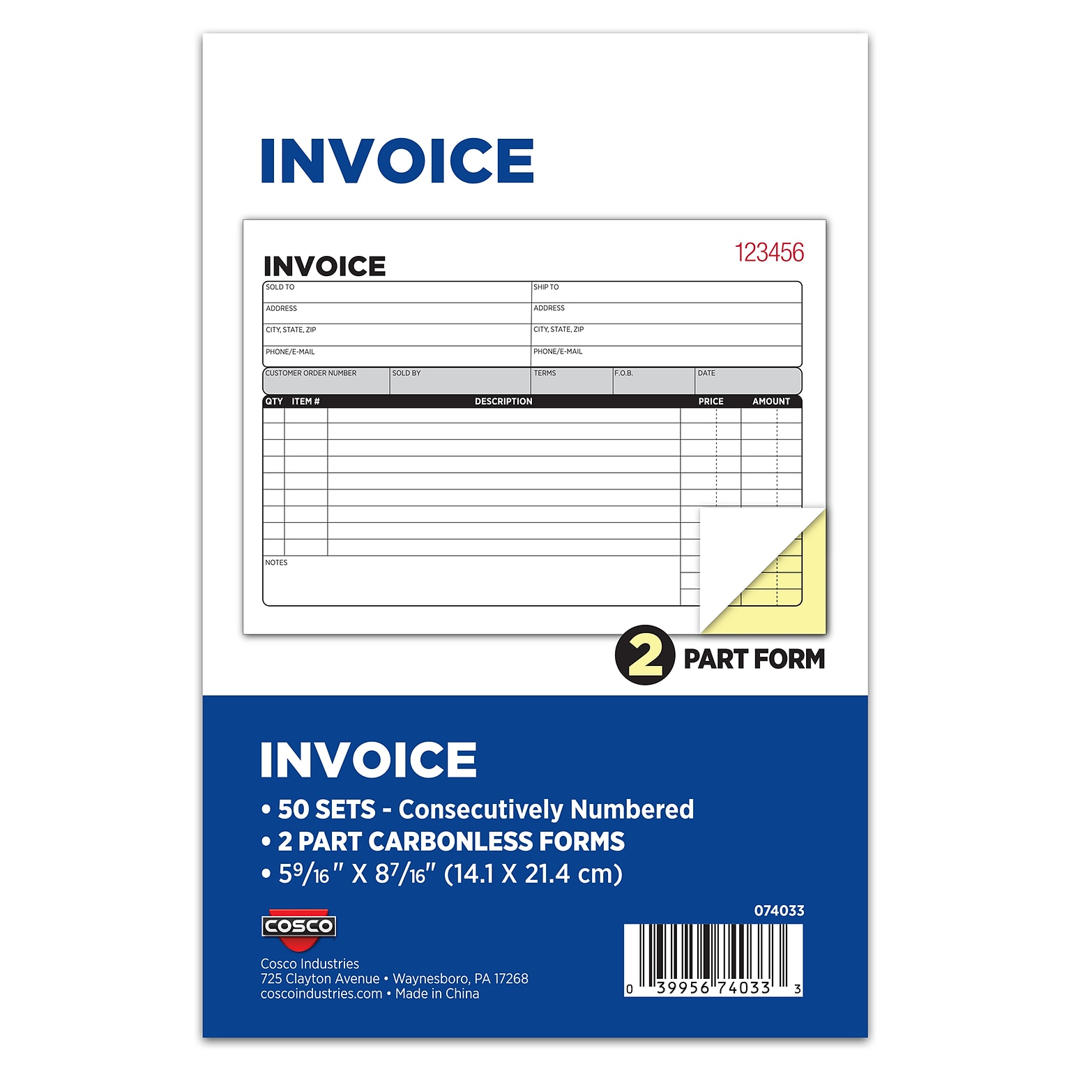 Cosco 2-Part Carbonless Invoices, 5.56 x 8.44, 50 Sets/Book, 5/Pack (074033PK5)